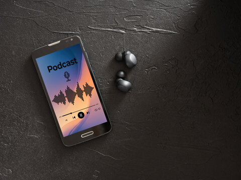 Smartphone displaying podcast app with wireless earbuds