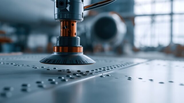 Eddy Current Probe Technology Examines Aluminium Aircraft Skin With Riveted Seams in Industrial Hangar Setting