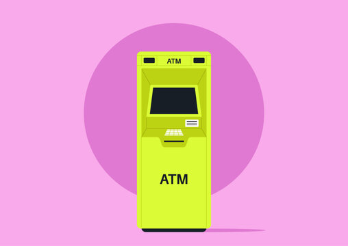 An isolated image of a yellow ATM machine on a plain background, financial operations, withdrawals and deposits, currency exchange