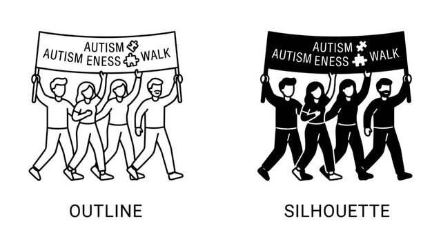 Autism Awareness Walk: A group of people marching in solidarity, holding a banner that reads Autism Awareness Walk, promoting inclusivity and understanding.