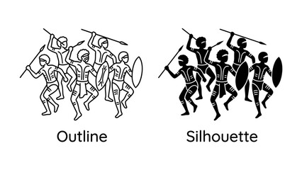 Obraz premium Warriors March: A group of ancient warriors, depicted in both outline and silhouette, advance with spears and shields, symbolizing strength and historical combat.