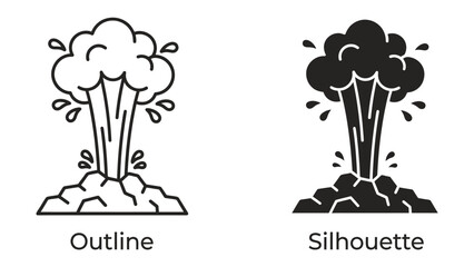 Volcanic Eruption Icons: Set of outline and silhouette icons depicting a volcanic eruption with lava and ash plume. Simple and striking graphics for various design needs. © Ajhar234