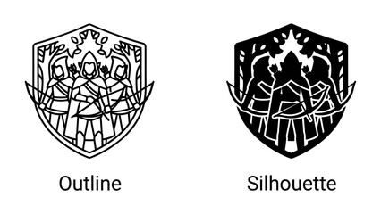 Obraz premium Medieval Archers Emblem: Two versions, an outline and a silhouette, of a heraldic emblem featuring three archers in a forest setting.