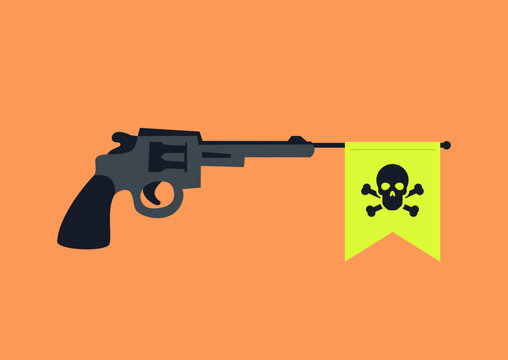 A black pistol rests against a bright orange backdrop, with a bold neon green flag displaying a skull and crossbones, conveying a message of caution and alertness.