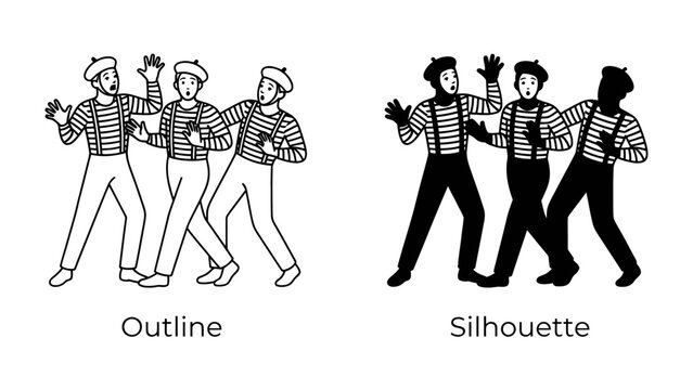 Mime Artists in Motion: Two contrasting styles, outline and silhouette, showcase a trio of mime artists in theatrical poses, their expressive gestures hinting at a captivating performance.