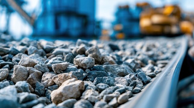 A moving conveyor belt carrying crushed stones and rocks in an industrial mining setting