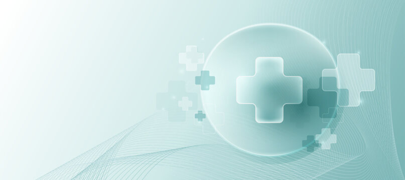 Abstract Teal Medical Background with Wave Lines and Glossy Cross Icons