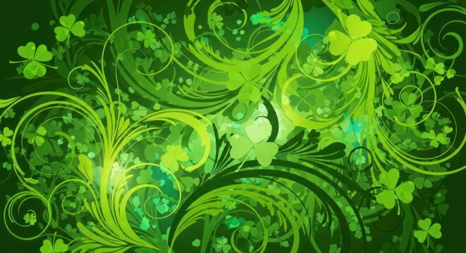 Green floral pattern with shamrocks and swirls on a dark green background.