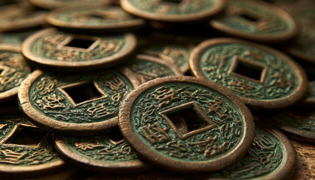 Antique chinese bronze coins with square holes scattered in a pile