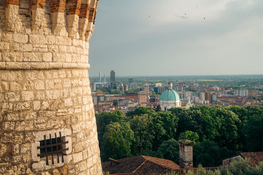 Aerial panoramic view over Brescia at sunset, Lombardy, Italy