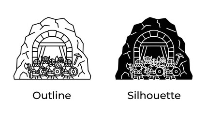 Dwarves in Mine: A detailed outline and a striking silhouette depict a group of dwarves with axes and shields entering a mine entrance, ready for adventure or labor. © Mohiuddin123