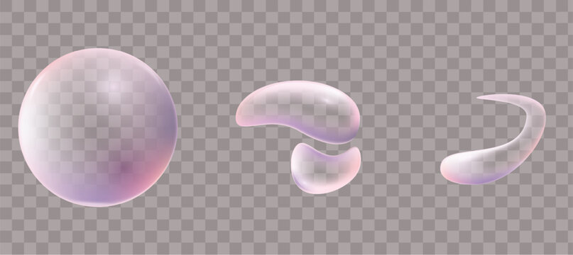 Realistic Pink Bubble Vector Set with Floating Transparent Drops and Liquid Splashes
