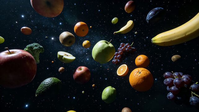 Assorted Fresh Fruits Floating in Outer Space &ndash; Creative Concept