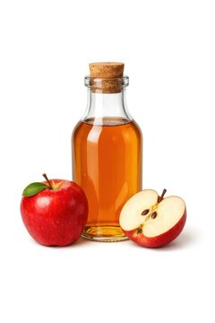 Apple cider vinegar with fresh apples on white background.