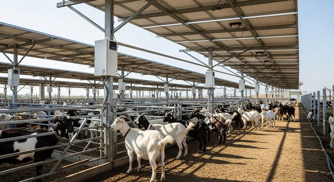 Modern Goat Farming Operation with Solar Panels Providing Shelter and Sustainable Energy for Livestock