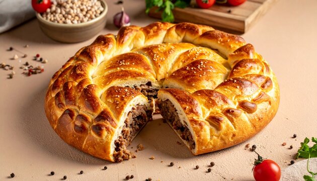 Ichlekli decorative braided meat pie. Authentic baked round pastry with beautiful crust and rich savory beef stuffing inside.