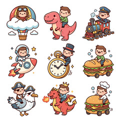 Fototapeta premium Cute Kids Adventure Character Collection – Dinosaur Rider, Astronaut, Pirate, Dragon, Train Conductor, Chef and Fantasy Cartoon Vector Set