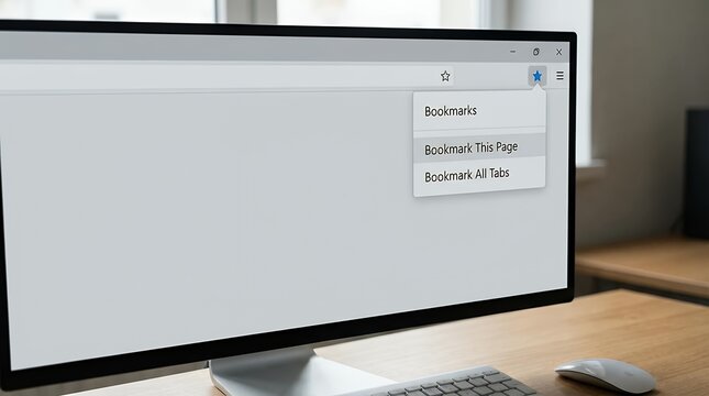 Bookmarks Option Displayed on Computer Monitor: A Computer Monitor Displays the Option of Bookmarks Bookmark This Page and Bookmark All Tabs computer bookmarks option displayed on computer monitor a