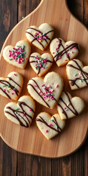 Heart-shaped cookies arranged on a wooden cutting board in a whimsical pattern with colorful sprinkles and drizzled with chocolate sauce, heart-shaped, chocolate sauce