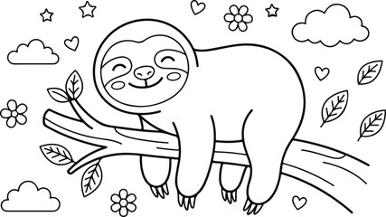 Obraz premium Cute cartoon sloth sleeping on a branch