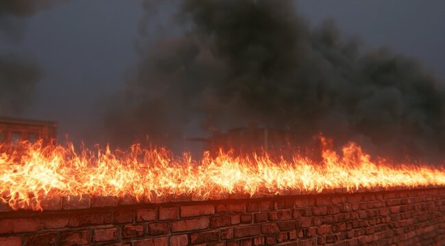 Bright orange fire burning along a brick wall with dark smoke rising