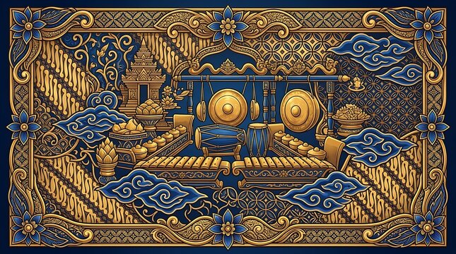 Traditional indonesian gamelan instruments with gold and blue motifs