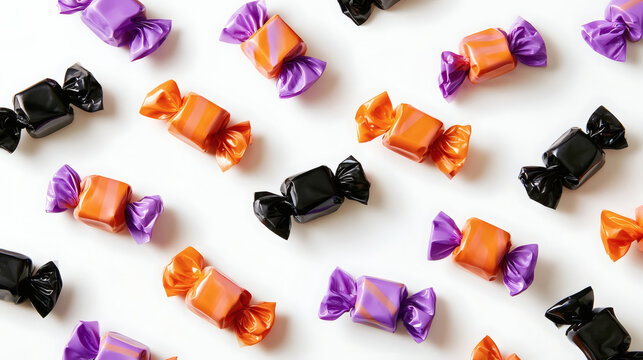 Colorful candies in black, orange, and purple wrappers arranged in a seamless pattern on a white background. Festive and bright, perfect for Halloween and party themes.