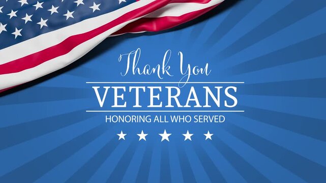 The wrinkled flag of the USA draped onto a blue surface with rotating rays and the text "Thank you - Veterans - Honoring all who served" and stars appearing.