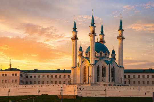 Kul Sharif Mosque with turquoise domes and minarets at sunset in Kazan, Russia
