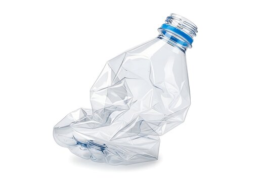 Crushed clear plastic bottle with blue cap