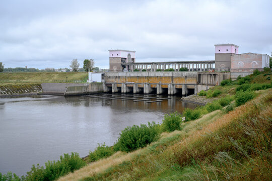 The historical building of the Rybinsk hydroelectric power station on the Volga River built in the 30s of the 20th century