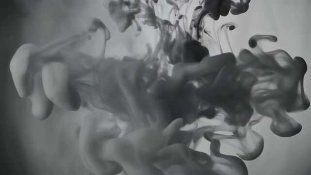 Artistic macro view of monochrome black ink or liquid swirling and clouding in clear water creating abstract organic smoke or cloud patterns