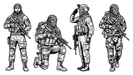 Obraz premium Group of soldiers in tactical gear. Military infantry squad in combat uniform illustration.