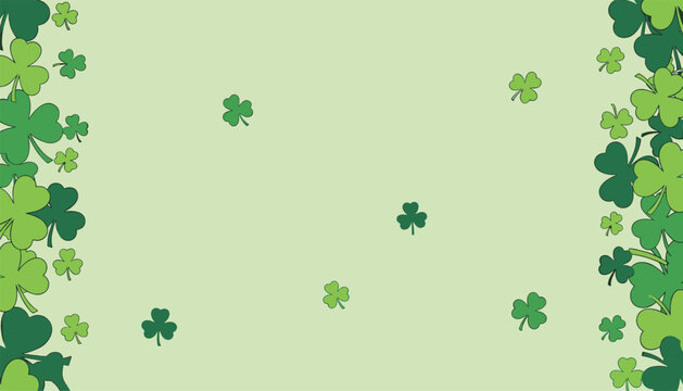 Festive background pattern for Saint Patrick Day features numerous green four leaf clovers scattered on a light base.