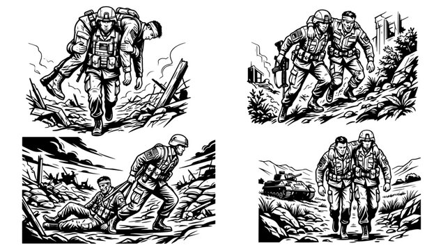 Military soldiers rescuing wounded comrade. Army troops performing battlefield medical evacuation.