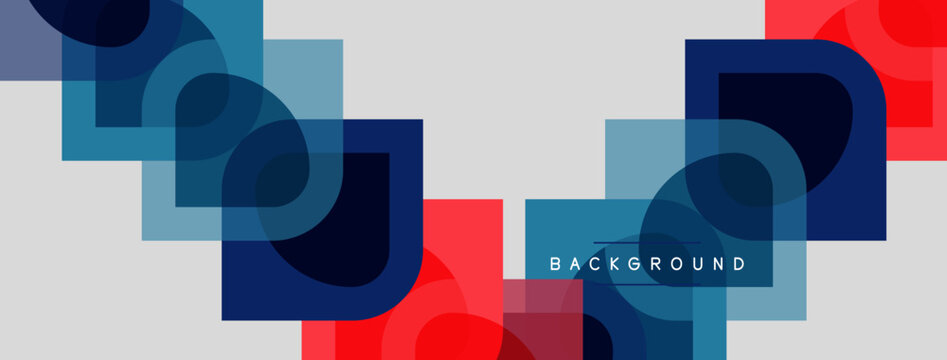 Abstract geometric shapes overlap. Blue, red hues dominate white space. Modern design element for backgrounds, presentations.