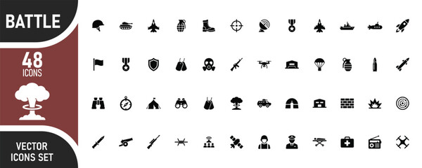 Battle Editable Vector Icons Set – Military, Army, Combat, Defense, Tactical Warfare Solid Icon Collection © SUMI-120