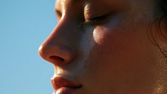 Close-up profile of a person's face with a clear blue sky