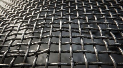 Naklejka premium A close-up, textured view of a woven metal mesh, highlighting its industrial pattern and metallic sheen, evoking a sense of strength and structure.