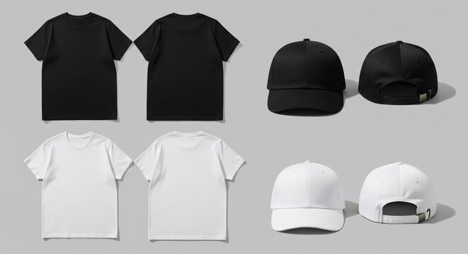 Collection of plain black and white t-shirts and baseball caps displayed front and back on a neutral gray background, studio shot