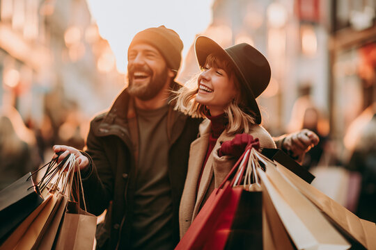A joyful couple in winter attire laughs while walking through a city street carrying multiple shopping bags after a successful day of holiday gift buying