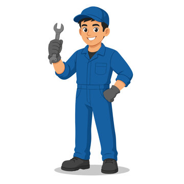 Friendly Professional Mechanic Cartoon Mascot Holding Wrench in Blue Industrial Uniform Isolated on White Background Flat Vector Service Character Illustration