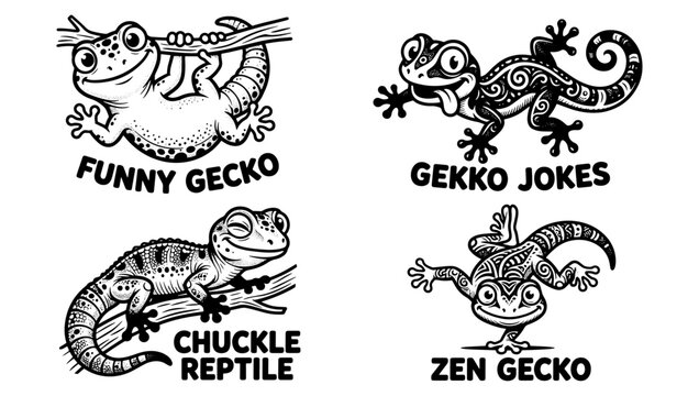 Funny gecko illustrations set. Cute lizard character drawings for t-shirt designs.