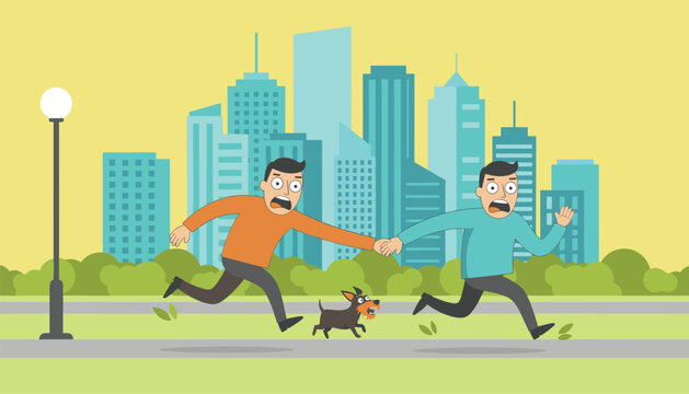Humorous scene of two terrified men holding hands and running away from a small angry barking dog in an urban city park setting at daytime.