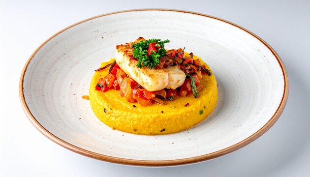 Gourmet ackee and saltfish. Authentic jamaican dish featuring a yellow ackee base topped with flaky white fish.