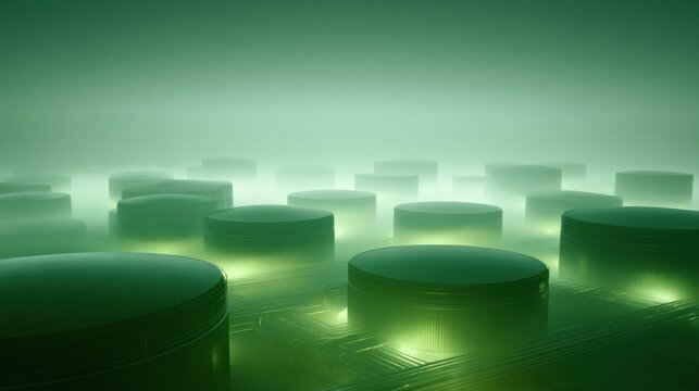 Cinematic 3d Render of Green Hydrogen Tank Field With Soft Emerald Glow at Dawn Showcasing Clean Molecule Storage Concept and Misty Industrial Scene
