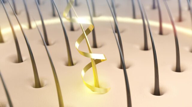 3D animation of hair growth, shampoo or hair serum, hair repair, hair restoration cycle, hair care.