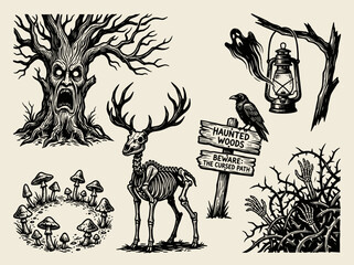 Obraz premium Haunted forest linocut illustration set, gnarled tree and skeletal stag icons, woodblock vector clipart