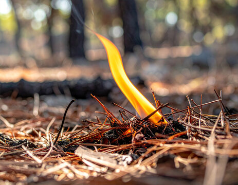 Peque&ntilde;a llama inicia un incendio forestal entre hojas secas de pino en un bosque mediterr&aacute;neo, imagen de riesgo extremo de incendio en verano, prevenci&oacute;n, sequ&iacute;a y propagaci&oacute;n del fuego