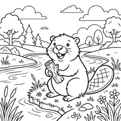 Cute cartoon beaver coloring page for kids with coloring wildlife illustration © Sharmin